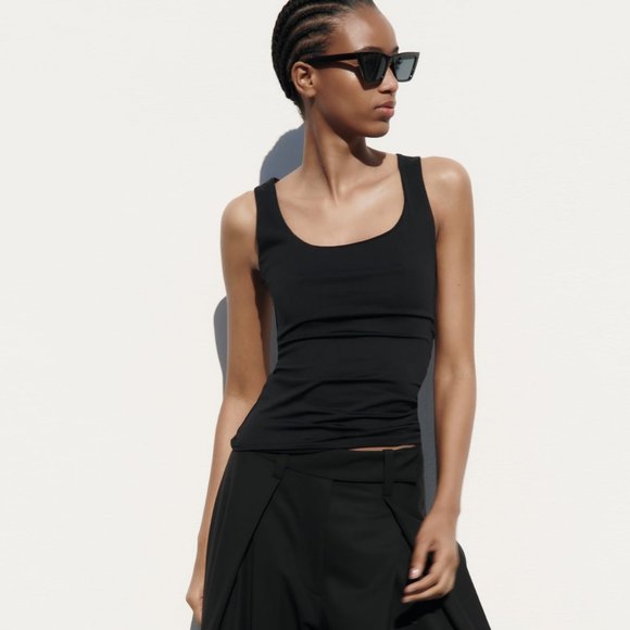 ZARA WIDE STRAP POLYAMIDE BLEND TOP in BLACK Size S NEW With TAGS - Picture 2 of 8